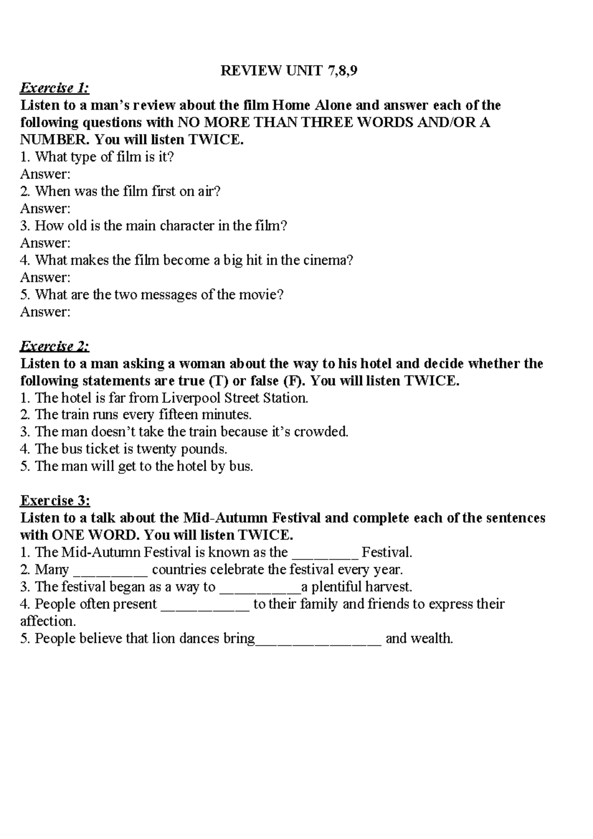 Review UNIT 7, 8, 9: Listening Exercises and Answers - Studocu