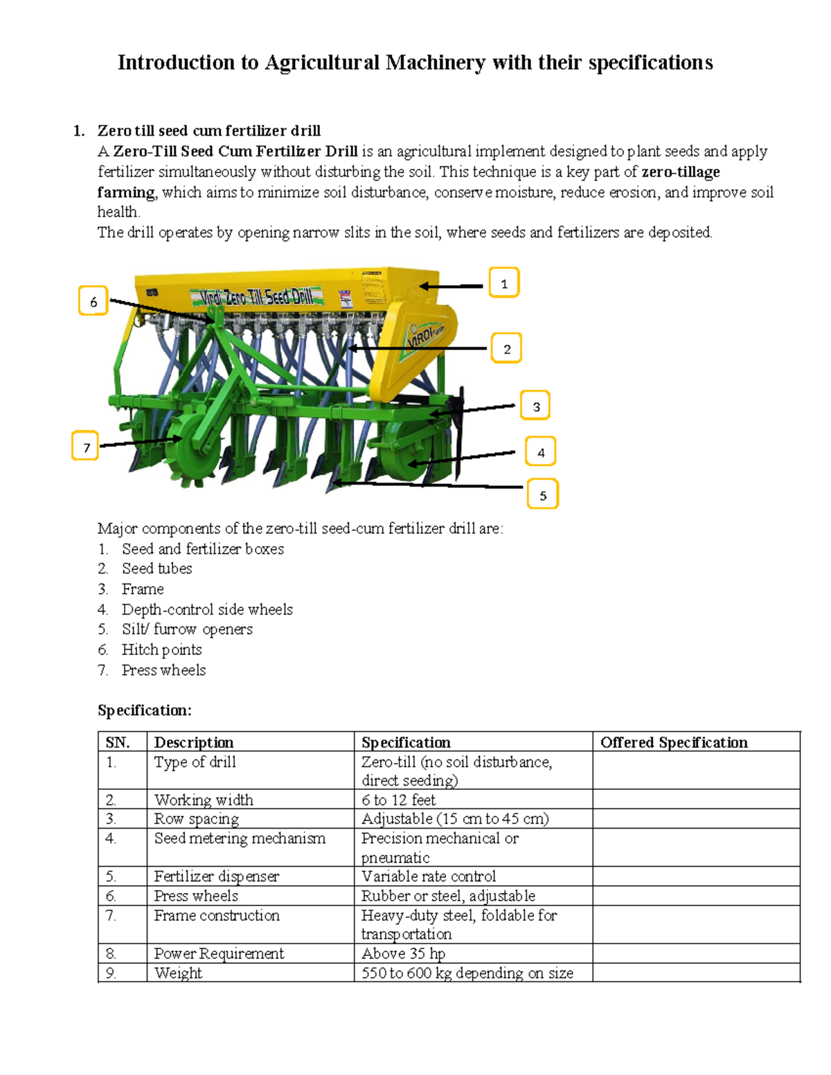 Specifications Overview And Details Agricultural Engineering
