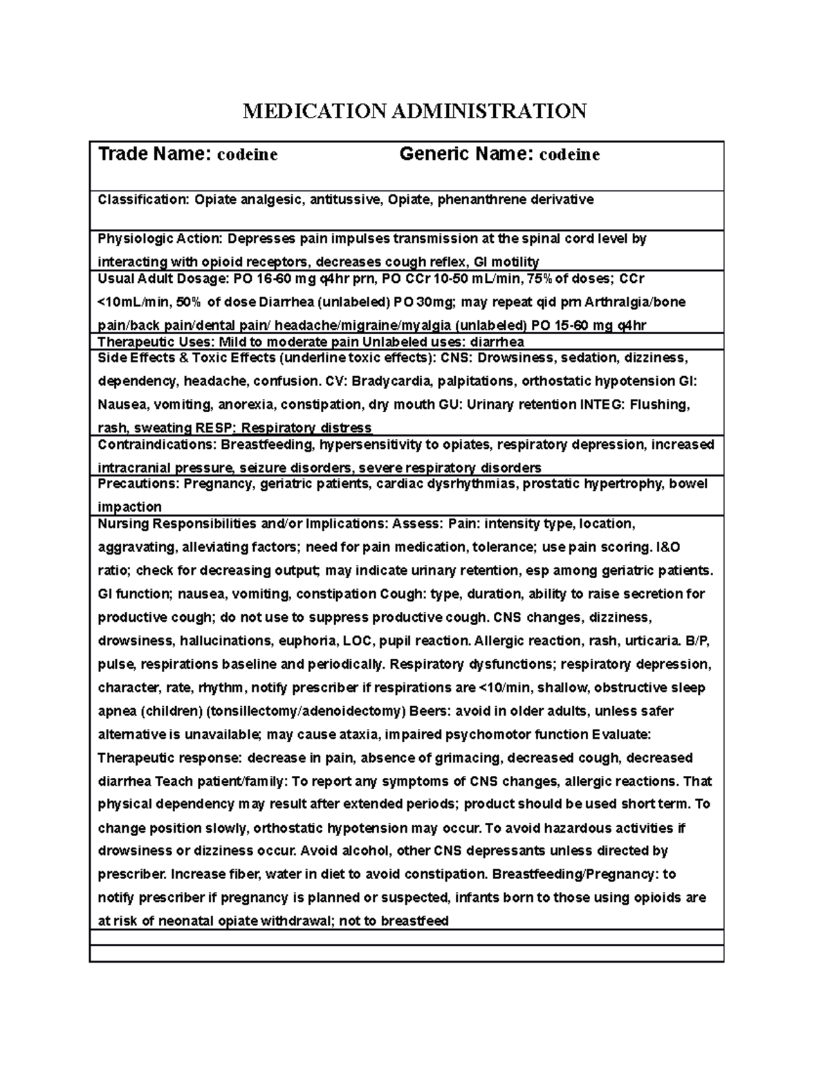 Codeine Drug Card: Opiate Analgesic & Nursing Implications Guide - Studocu