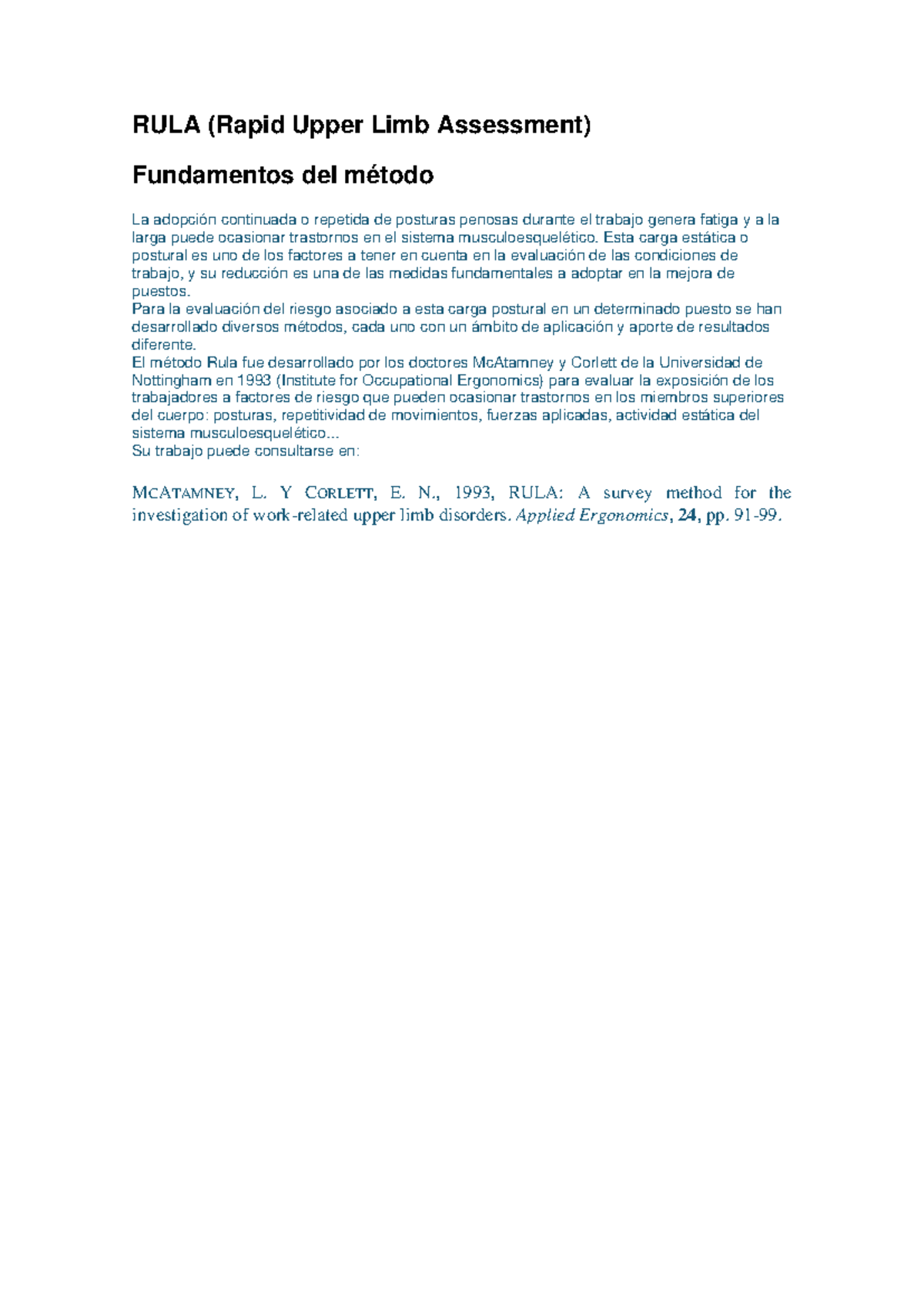 Método RULA - apuntes para repasar - RULA (Rapid Upper Limb Assessment ...