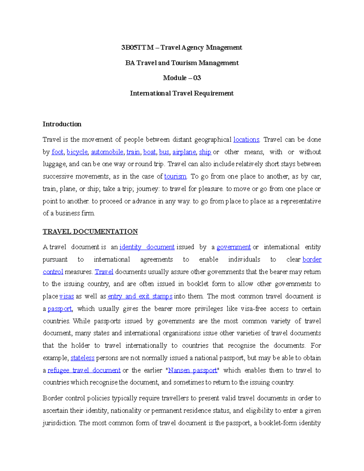 3B05TTM module 03 - Lecture notes - 3B05TTM – Travel Agency Mnagement ...