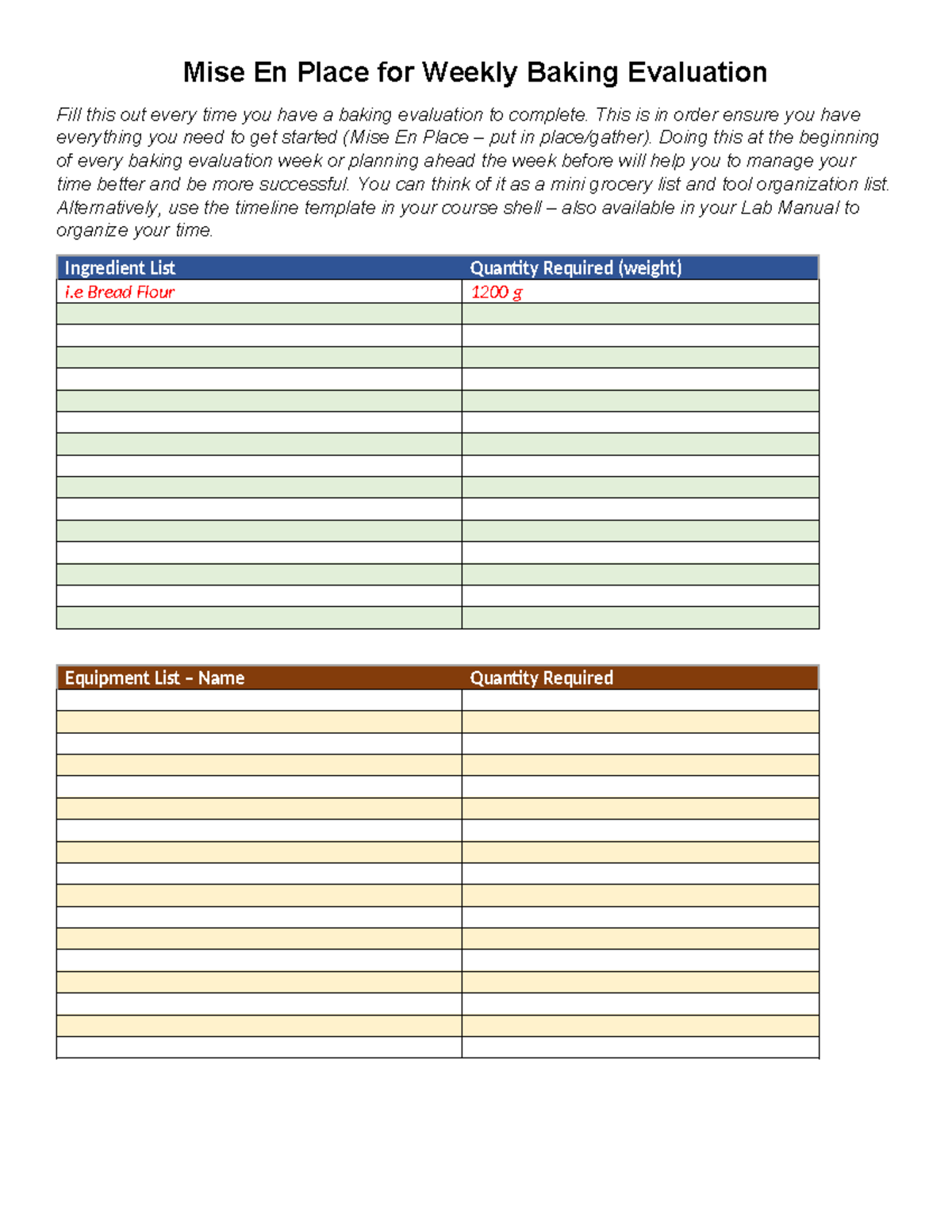 Baking Evaluation Prep Template copy - Mise En Place for Weekly Baking ...