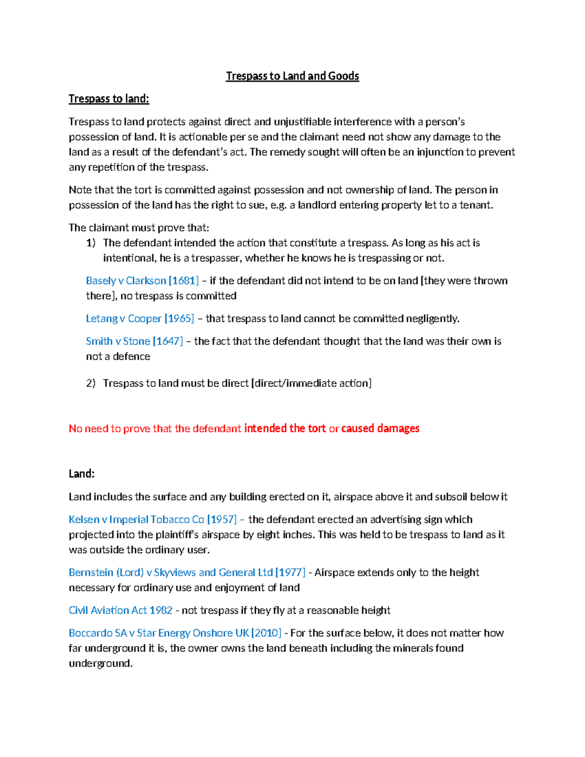 Tort Law - Final Exam Notes on Trespass to Land & Goods - Studocu