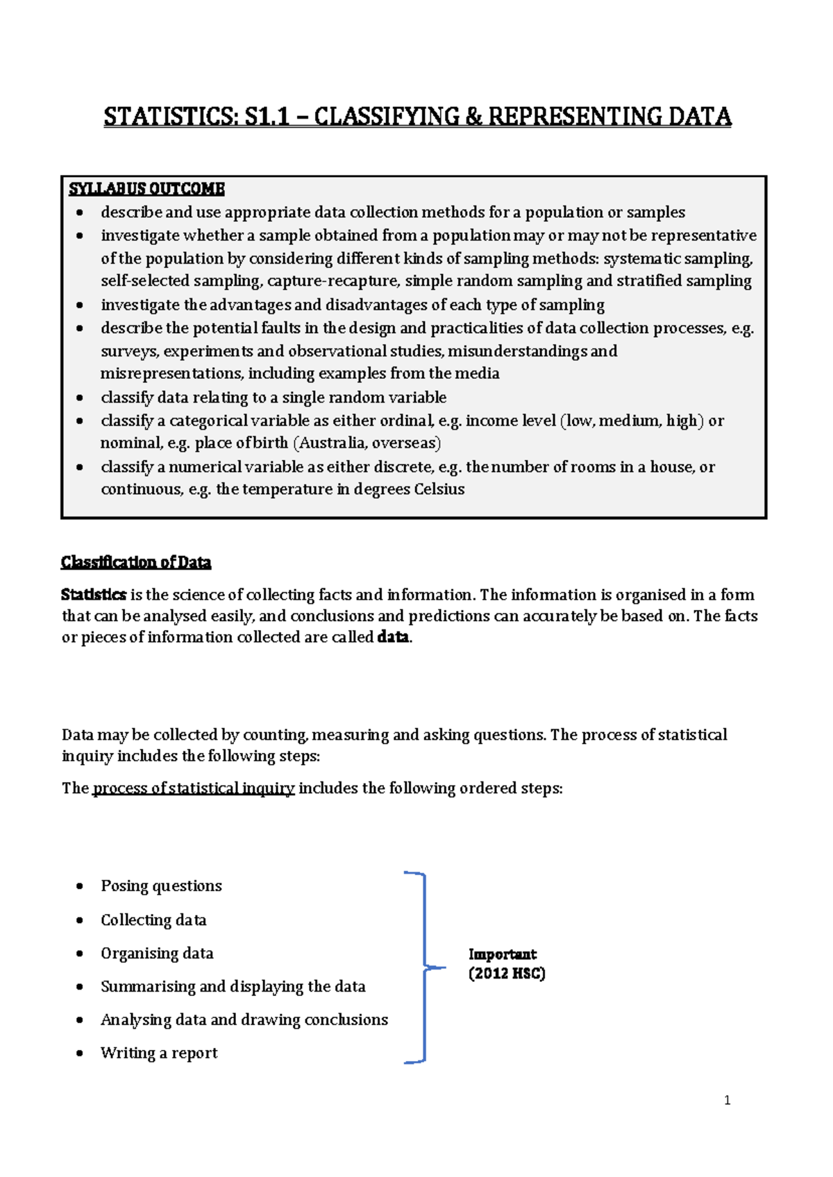 Notes - STATISTICS S1.1 Classifying & Representing Data 2021 - Studocu