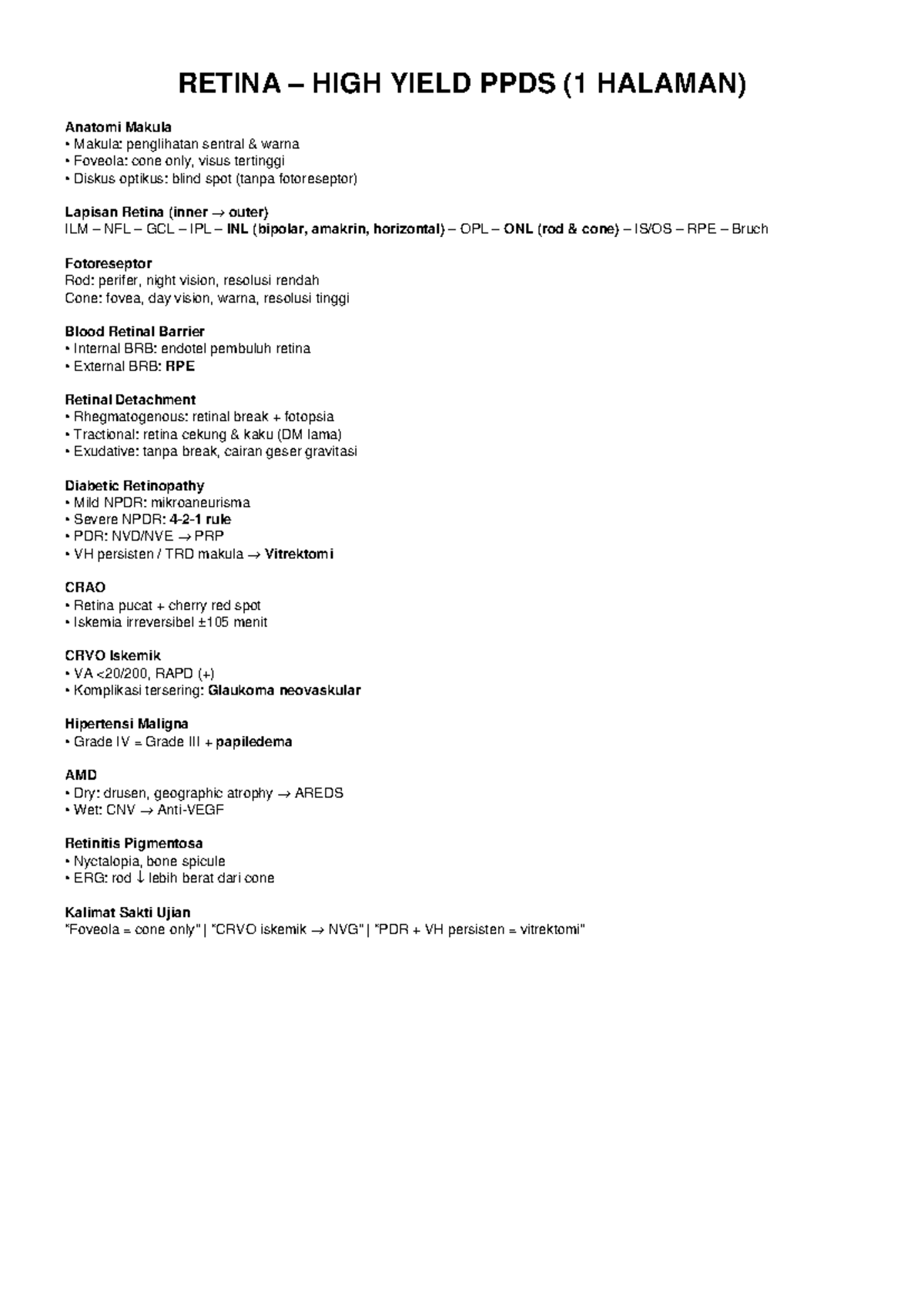Retina High Yield Notes for PPDS - Anatomy & Conditions - Studocu