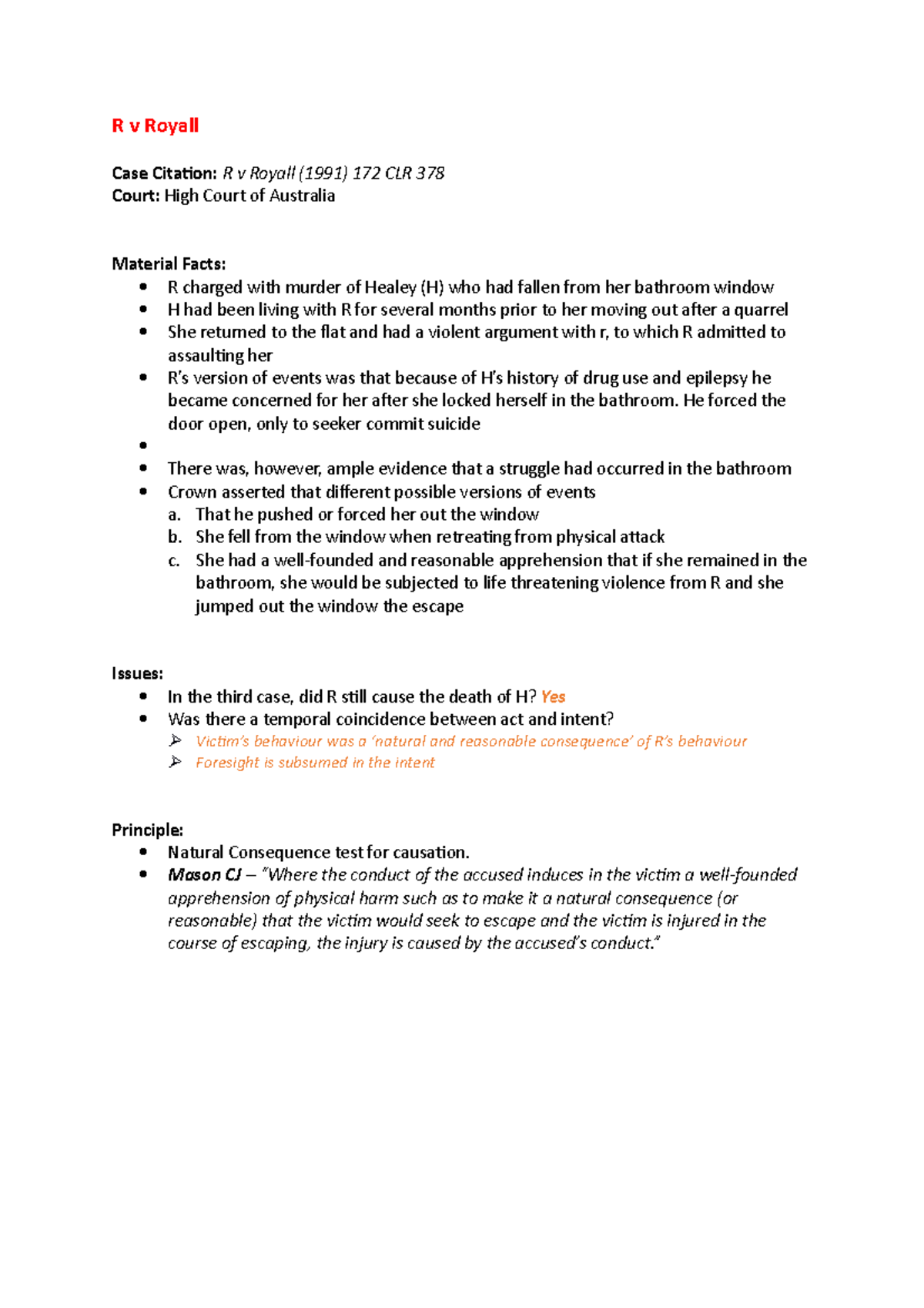 R v Royall (1991) Case Summary: Analysis of Causation in Murder - Studocu