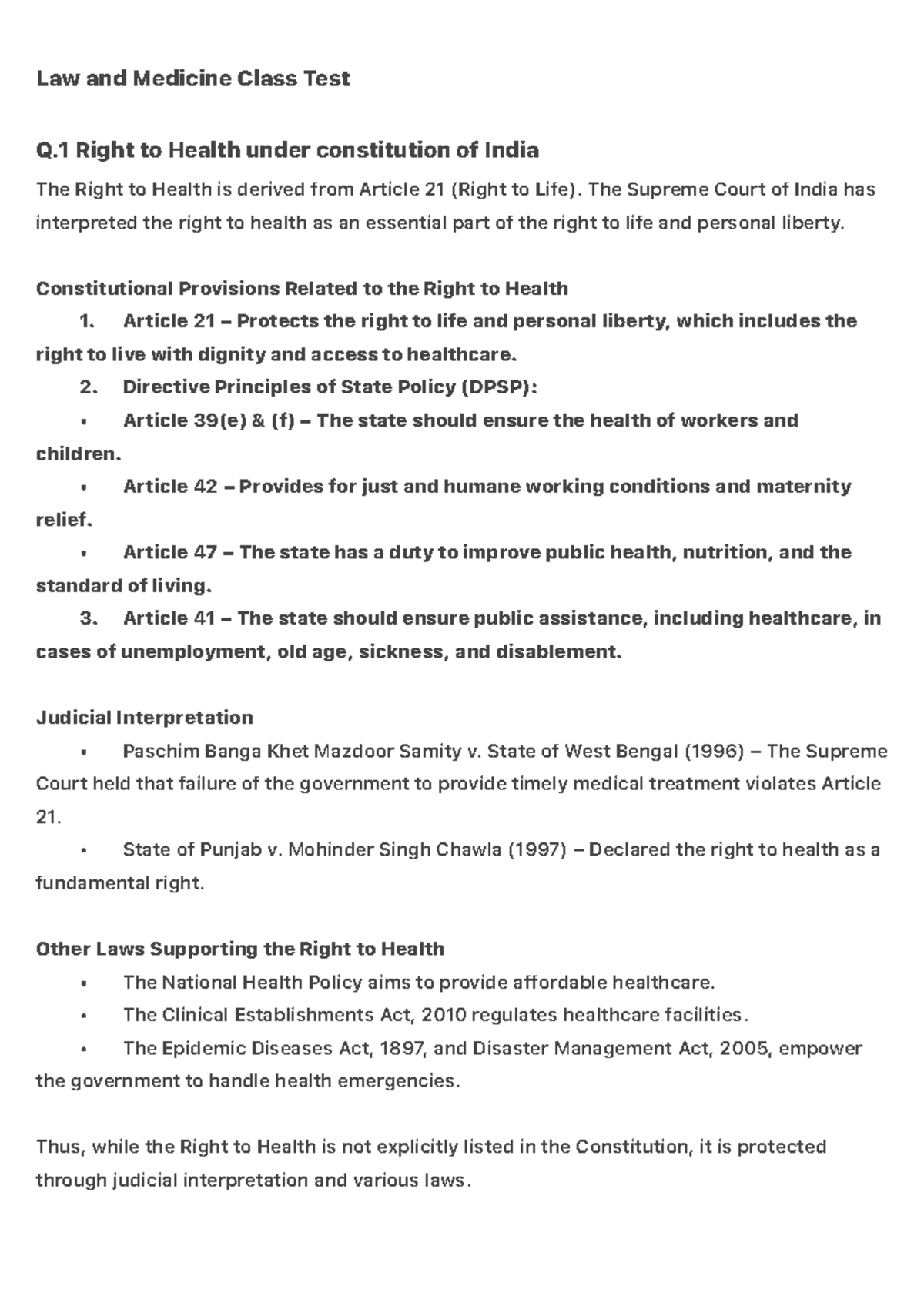 Law and medicine class test: Right to health and consent issues - Studocu