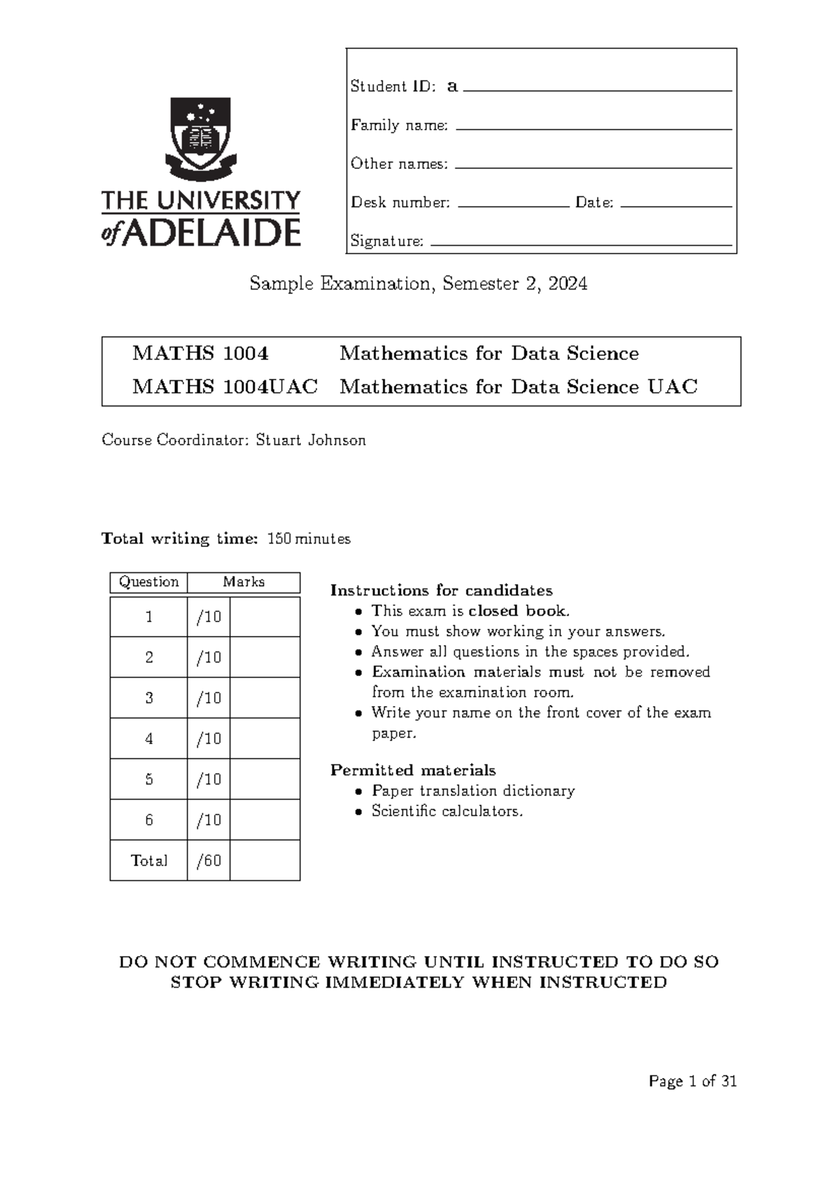 MATHS 1004 S2 2024 - Sample Exam Questions and Guidelines - Studocu