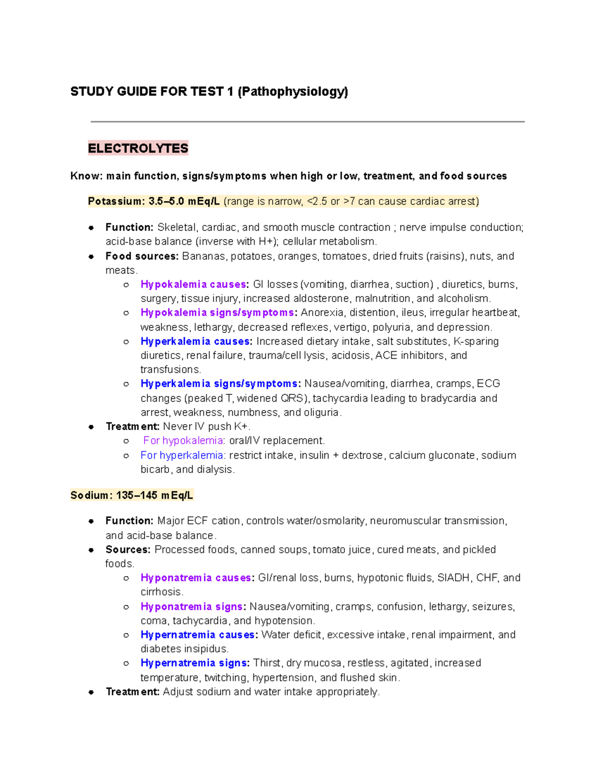 Pathophysiology Study Guide for Test 1: Electrolytes & Immunity - Studocu