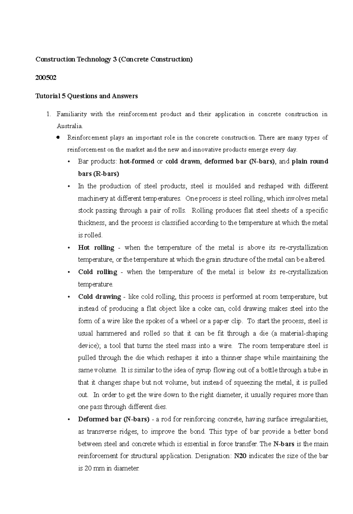 Tutorial 5- Answers - other - Construction Technology 3 (Concrete ...