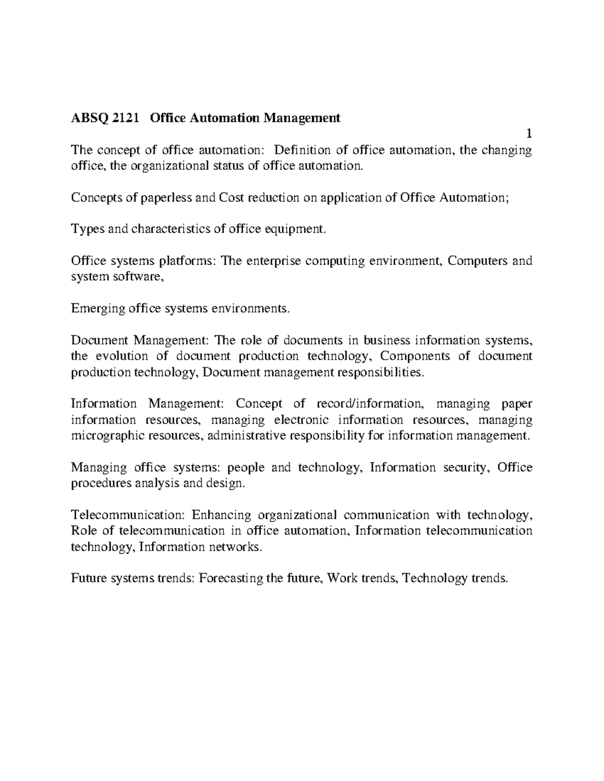 ABSQ 2121 Office Automation Management Lecture Notes: Topics 1-10 - Studocu