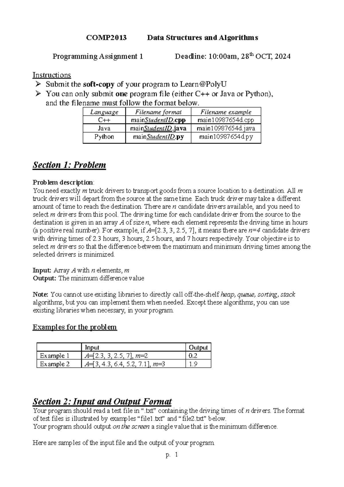 COMP2013 Programming Assignment 1: Truck Driver Selection Problem - Studocu