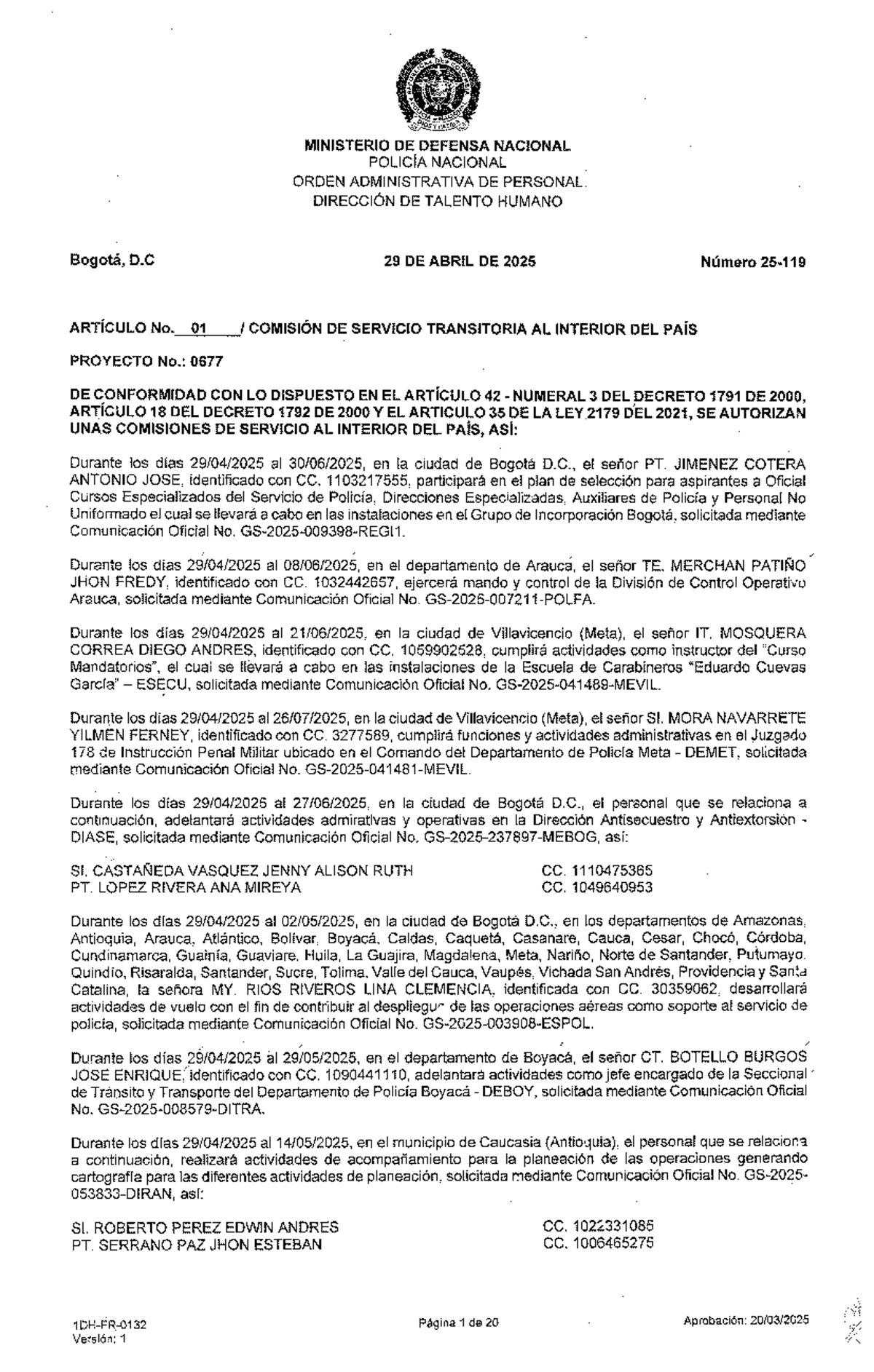 Orden Administrativa de Personal OAP 25-119 - Comisiones de Servicio ...