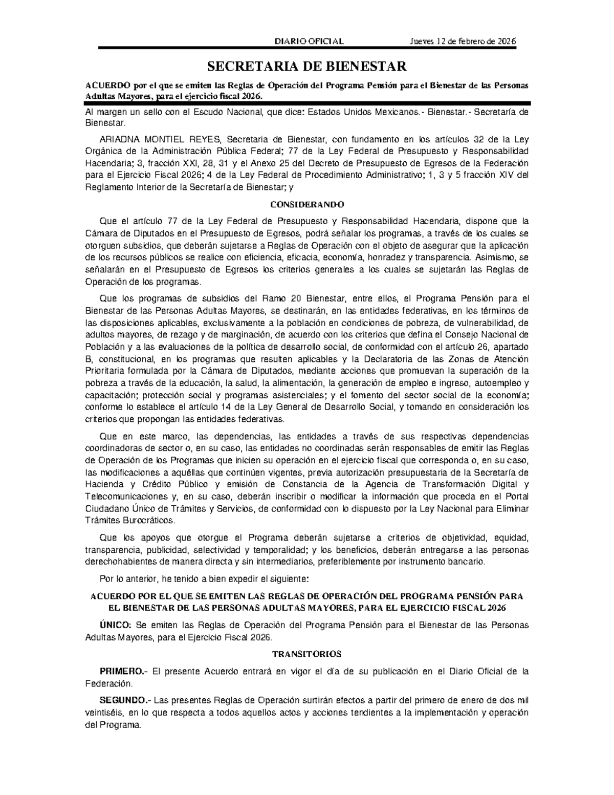 Reglas de Operación del Programa Pensión para el Bienestar 2026 - Studocu
