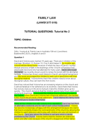 Tutorial (No 2) Family LAW - FAMILY LAW (LAWS13/77-518) TUTORIAL No 2 ...