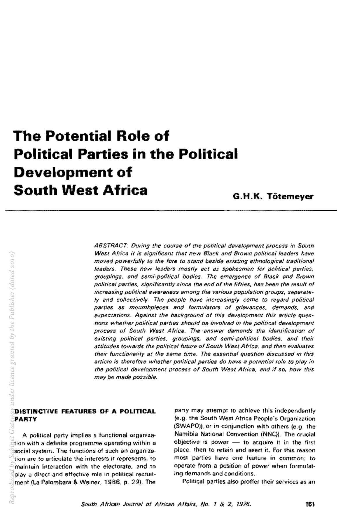 The Role of Political Parties in South West Africa's Development - Studocu