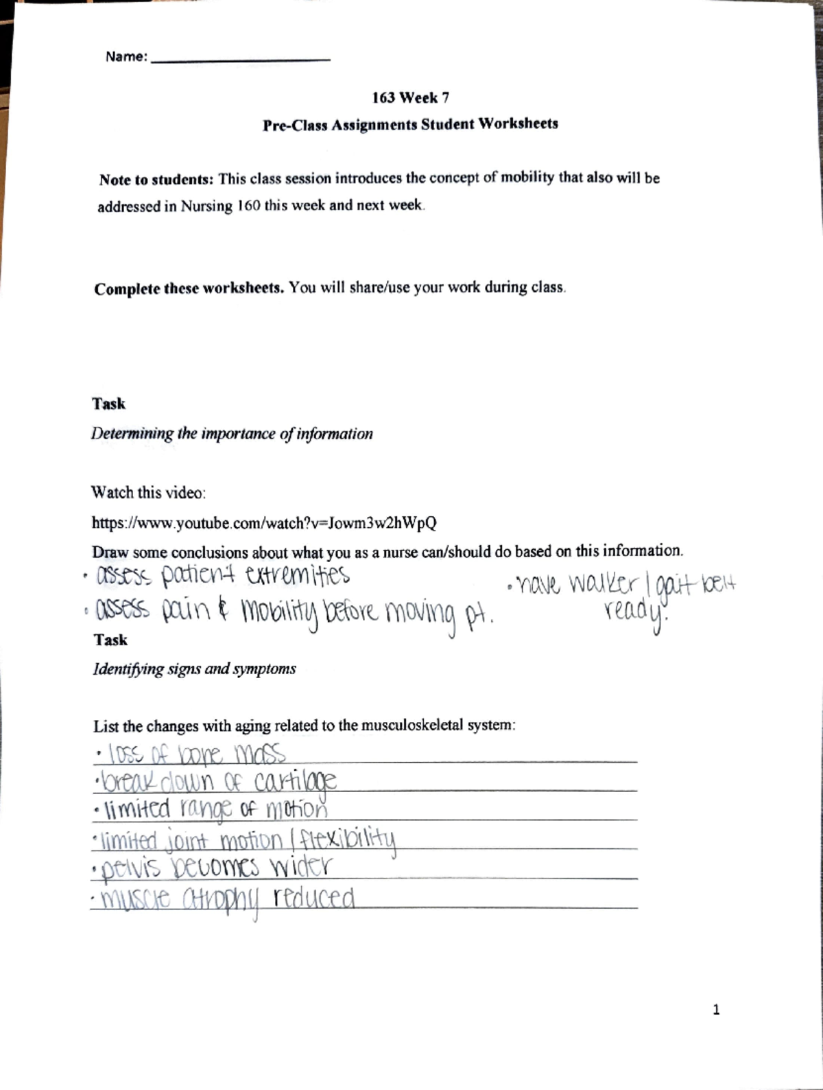 NUR 163 Week 7 - Mobility Homework Assignments and Tasks - Studocu