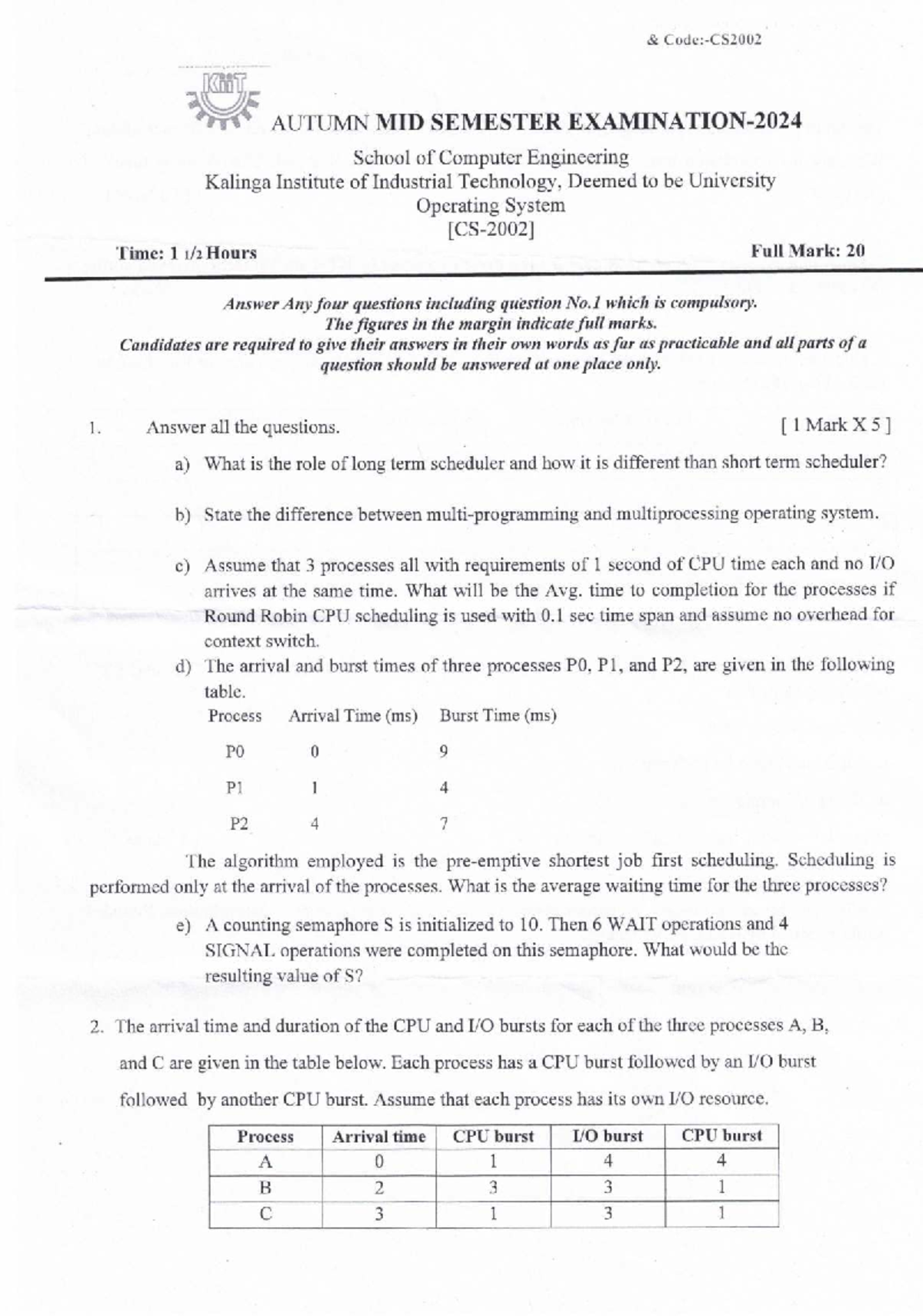 Operating System Mid Sem Exam 2024 - KiiT School of CE - Studocu