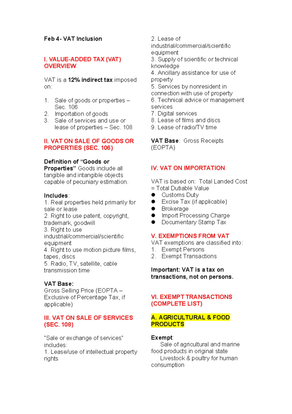 Feb 4 - Taxation: VAT Overview and Exemptions Analysis - Studocu