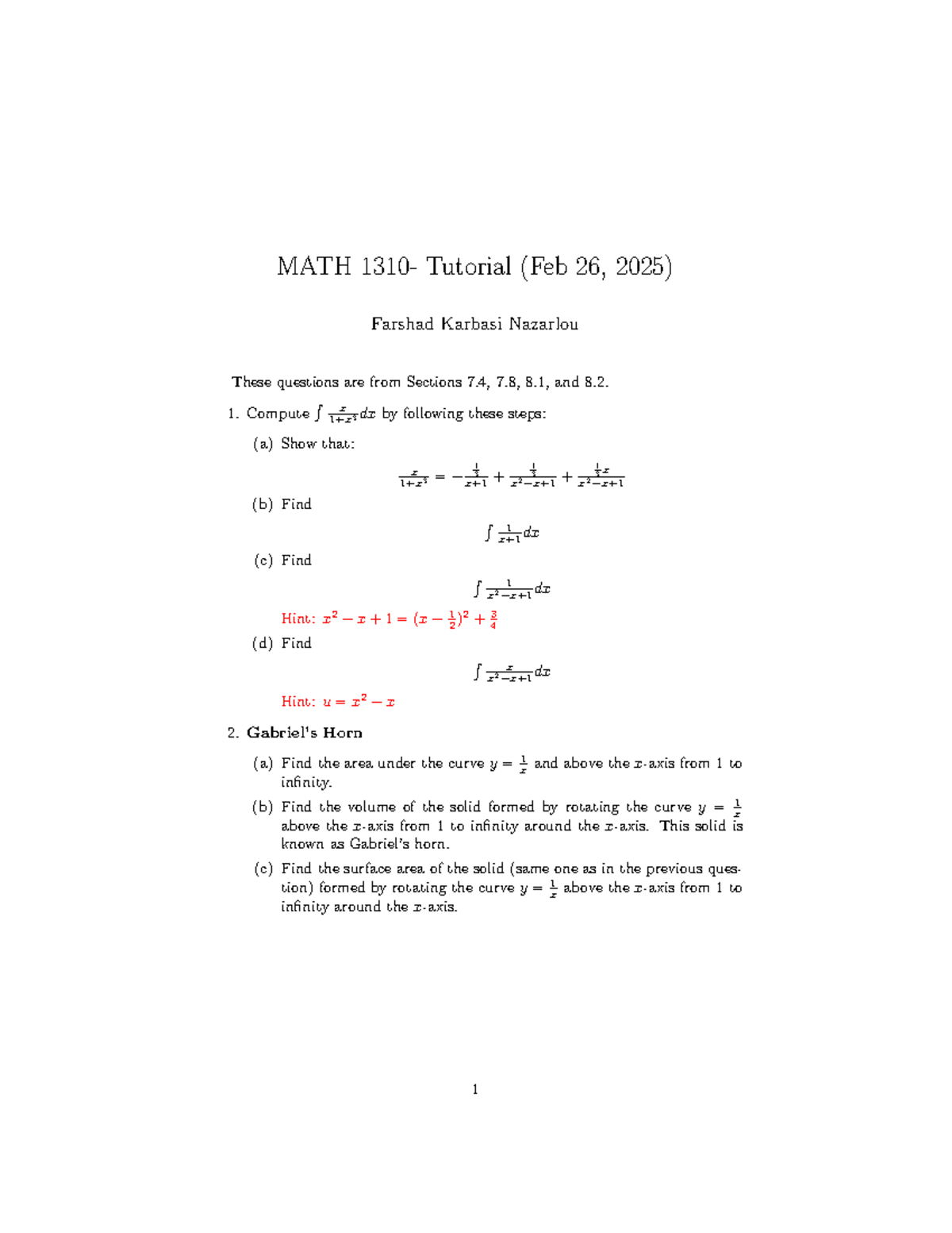 MATH1310M-Tutorial-Feb 26 - MATH 1310- Tutorial (Feb 26, 2025) Farshad ...
