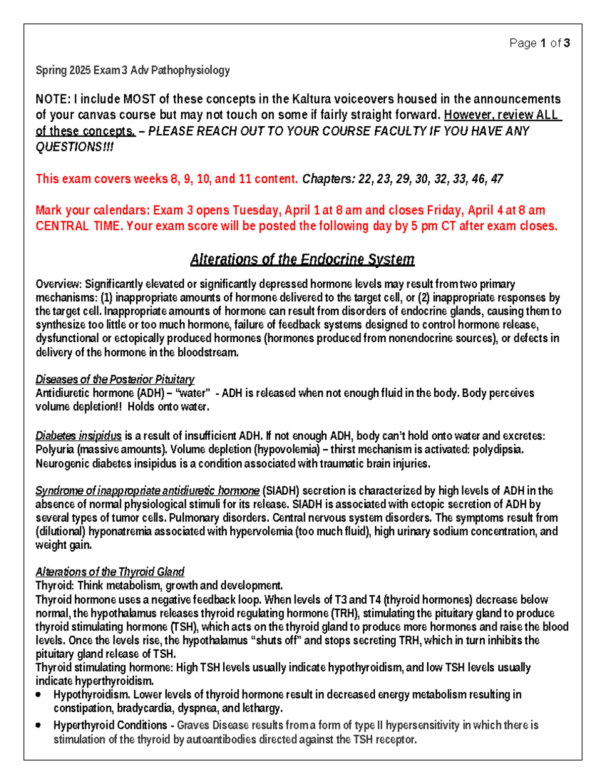 Endocrine Focused Review - Page 1 of 3 Spring 2025 Exam 3 Adv ...