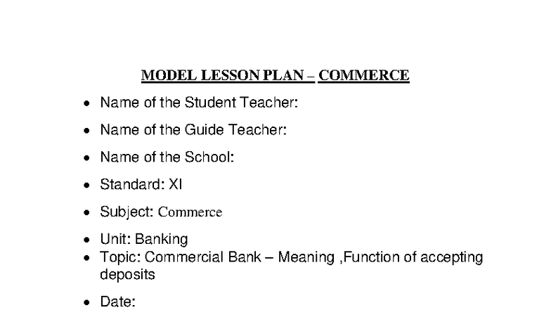 Commerce Model Lesson Plan: Understanding Commercial Banks (XI) - Studocu