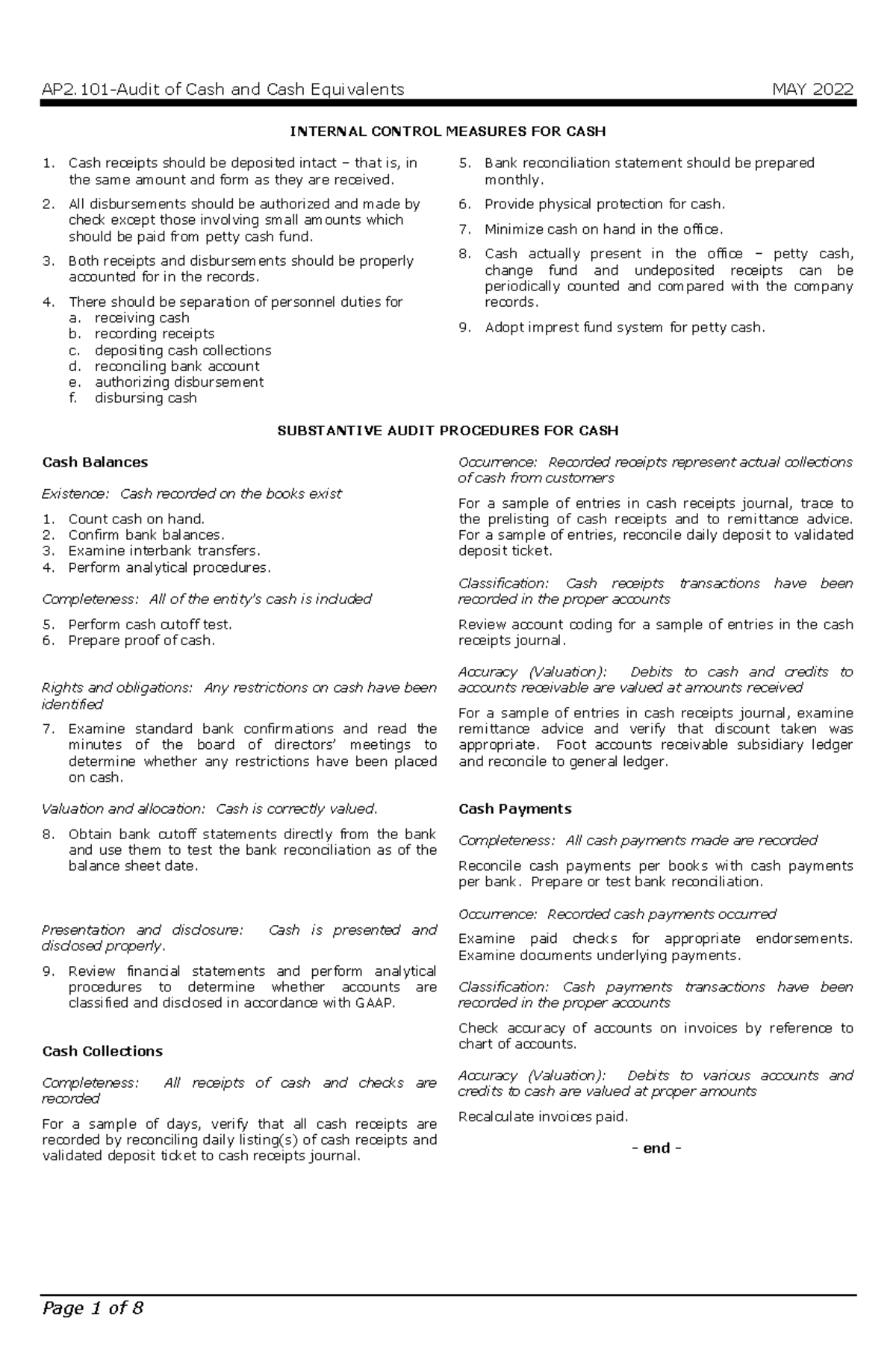 AP2.101 Audit of Cash and Cash Equivalents Internal Controls - Studocu