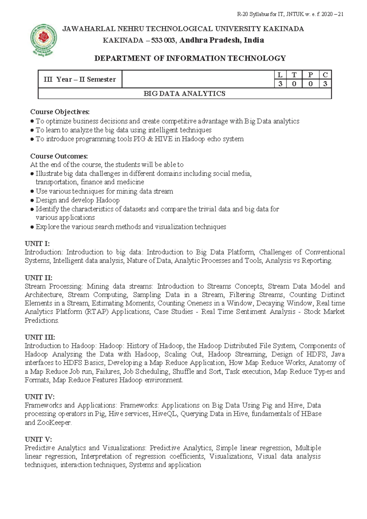 BDA LAB - Big Data Analytics Experiments Syllabus (R20, JNTUK) - Studocu