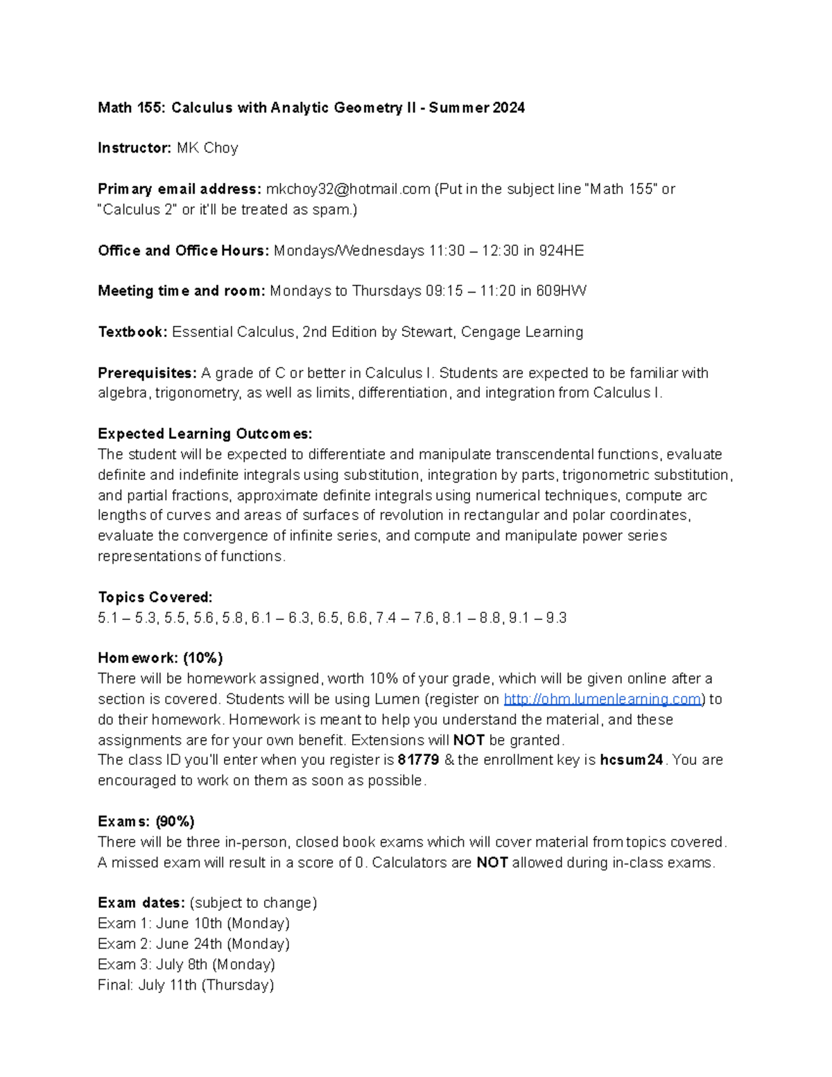Math 155 Syllabus - Calculus II - Summer 2024 Details - Studocu