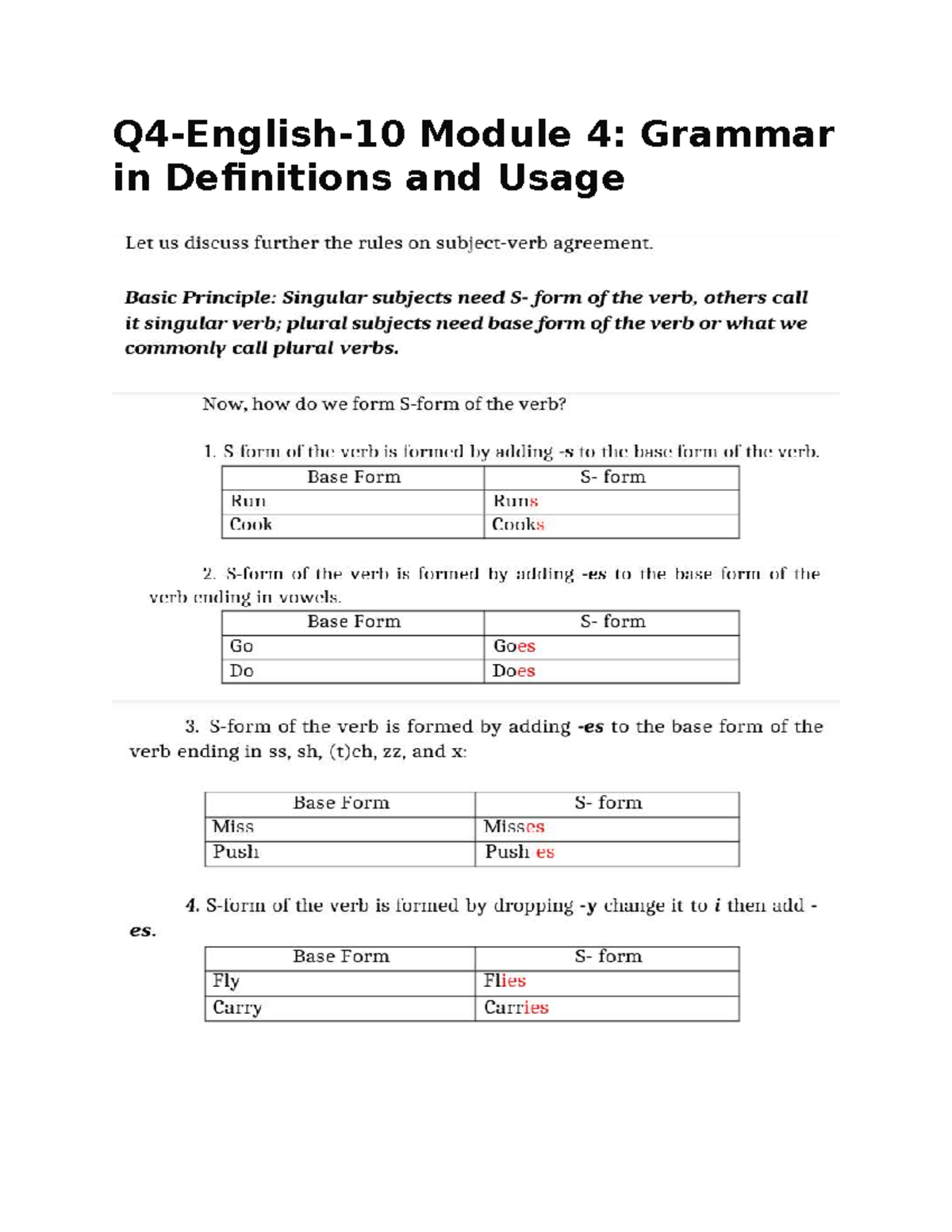 Q4 Module 4: Grammar Rules on Subject-Verb Agreement - Studocu