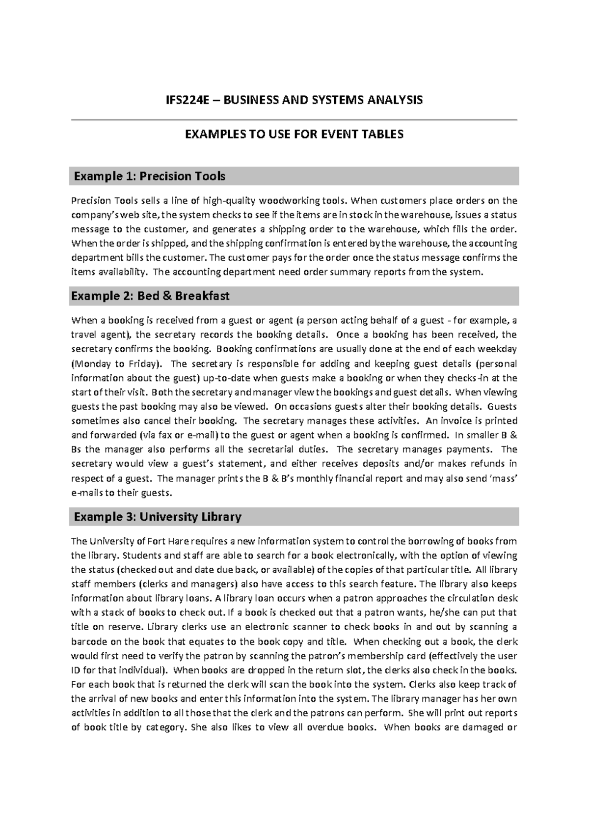 IFS224E: Examples for Event Tables in Business Systems Analysis - Studocu