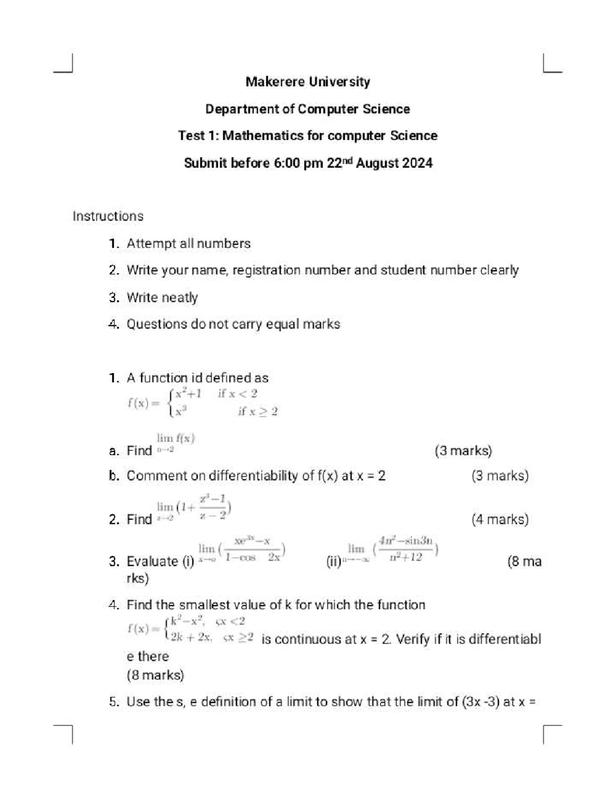 Math Test 1: Limits of Functions & Intermediate Calculus - CS101 - Studocu