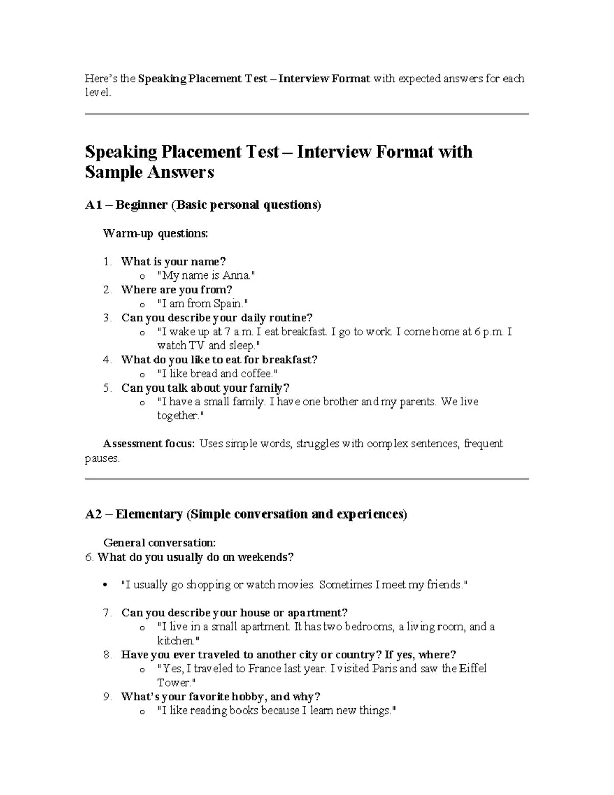 Speaking Placement Test – Interview Format with Sample Answers - Studocu