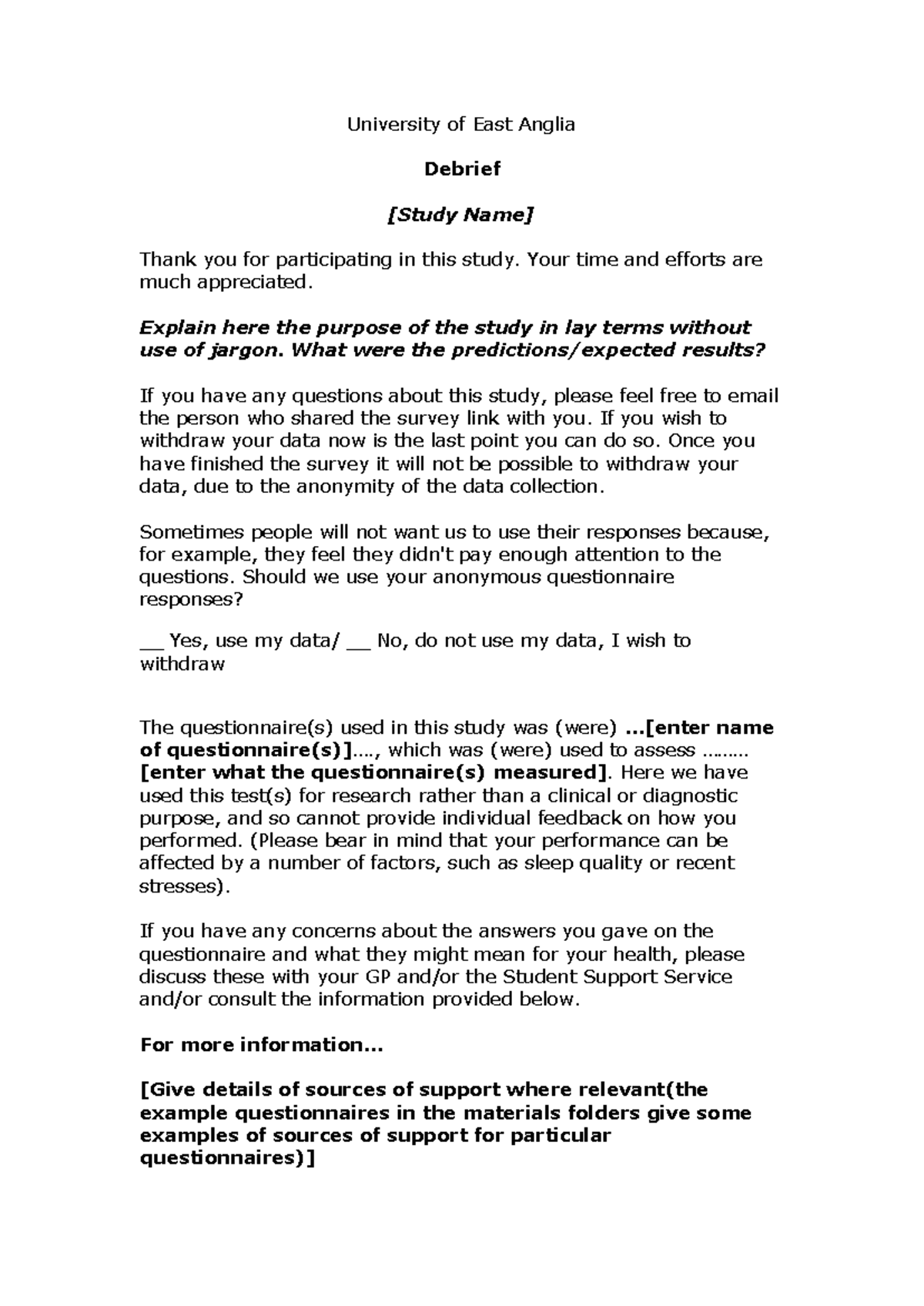 Debrief Template - University of East Anglia Debrief [Study Name] Thank ...