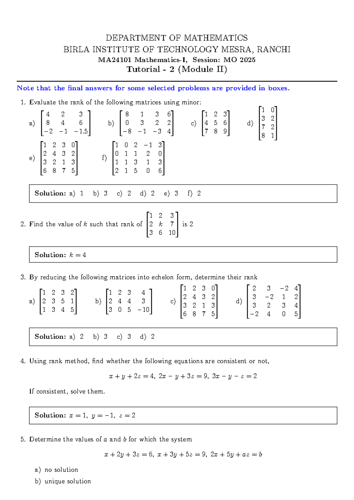 MA24101 Tutorial II - Key Questions for Final Exam Preparation - Studocu