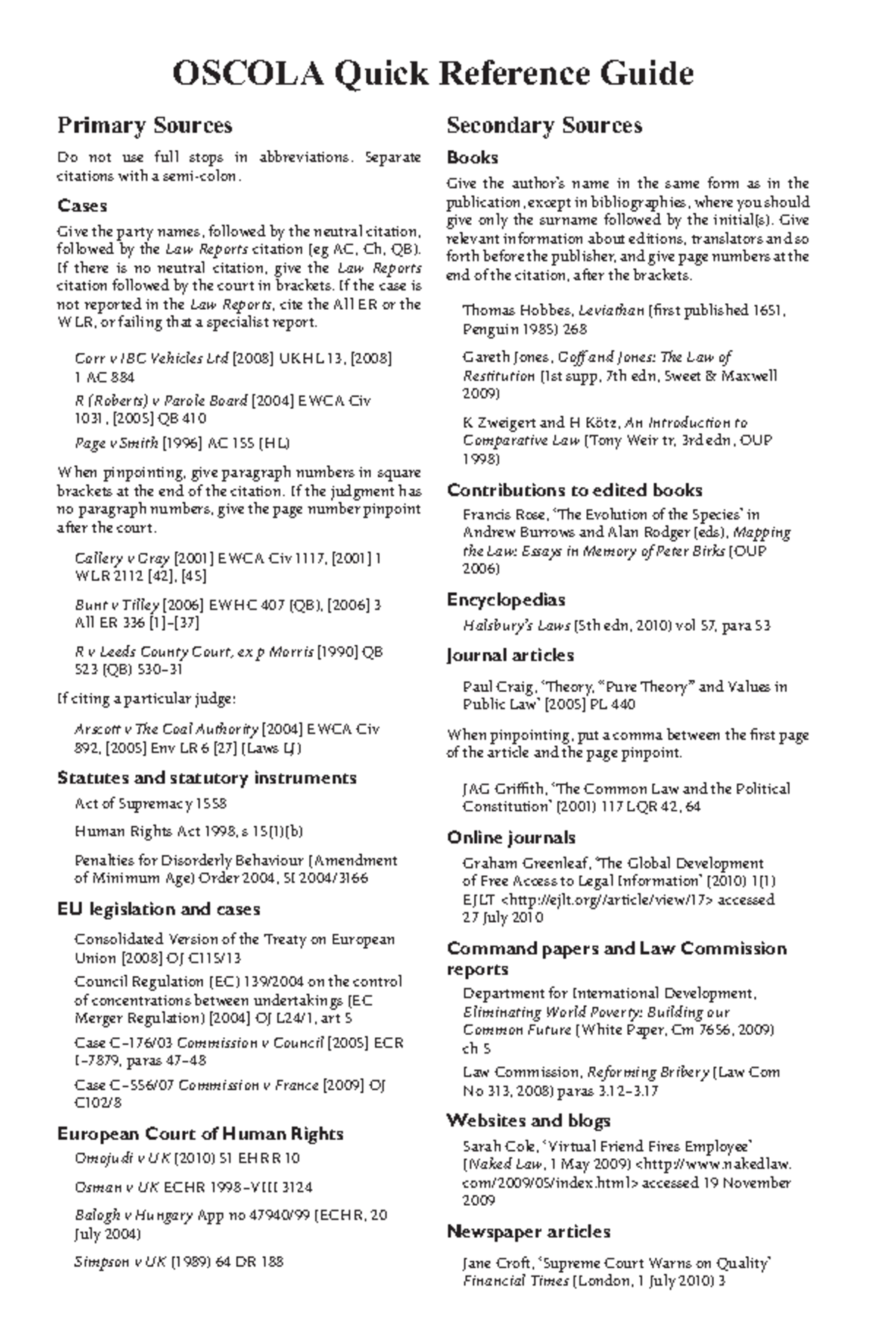 OSCOLA Quick Reference Guide for Legal Citations and Sources - Studocu