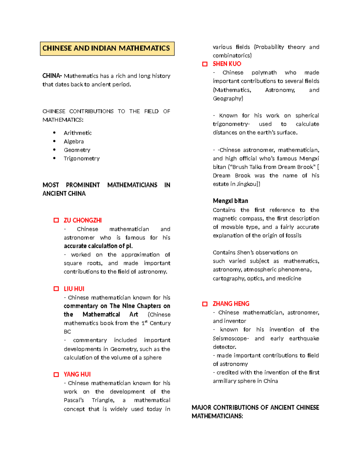 CHINESE AND INDIAN MATHEMATICS REVIEWER (MATH 101) - Document Preview