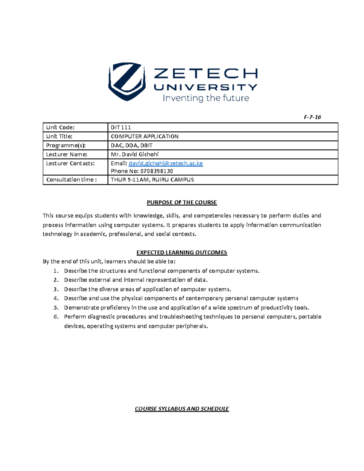 DIT 111 Computer Application - Course Outline and Learning Outcomes ...