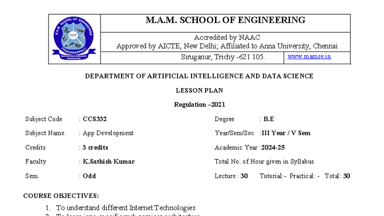 B.E. CCS332 Lesson Plan: App Development (AI & DS) - Year V Sem - Studocu