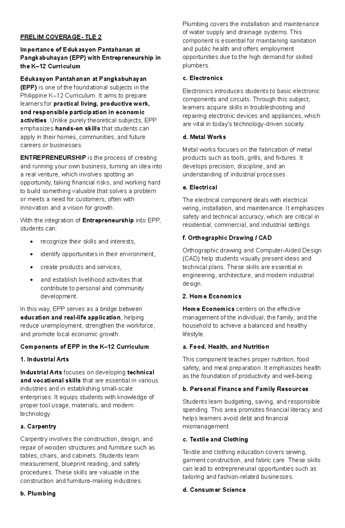 Prelim TLE 2: Importance of EPP & Entrepreneurship in Curriculum - Studocu