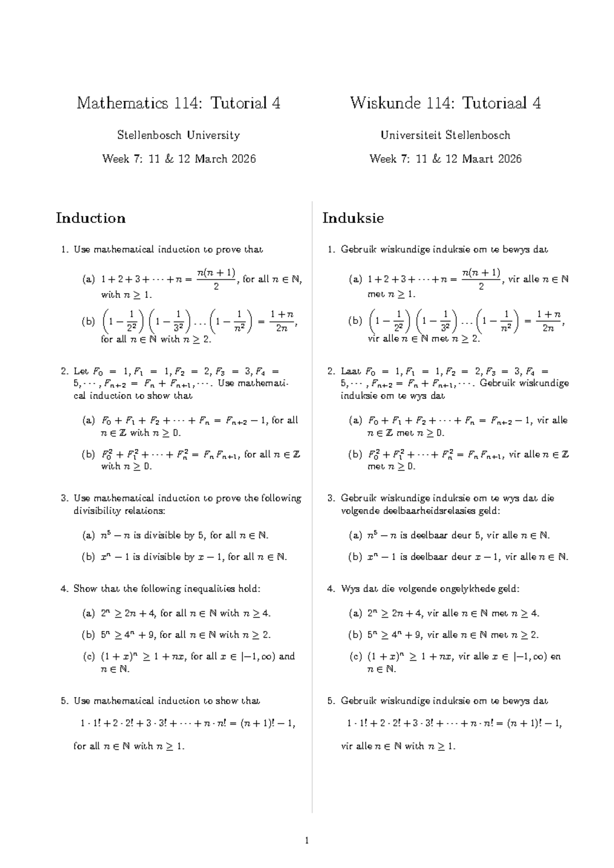 Mathematics 114: Tutorial 4 - Induction and Binomial Theorem - Studocu