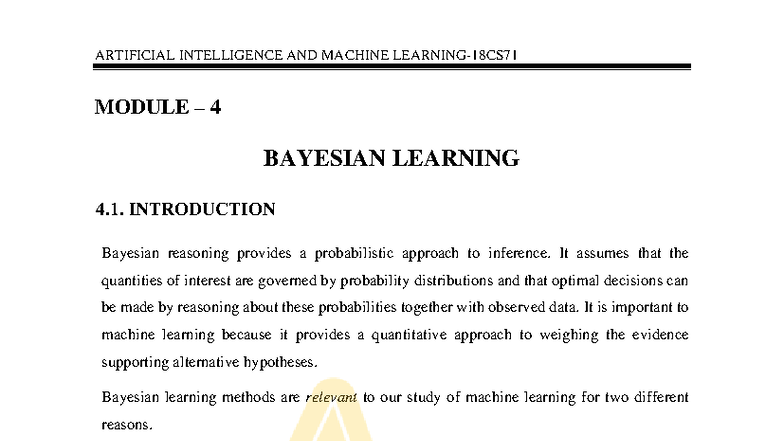 Mod4 AZ - Lecture Notes on Bayesian Learning in AI - Studocu