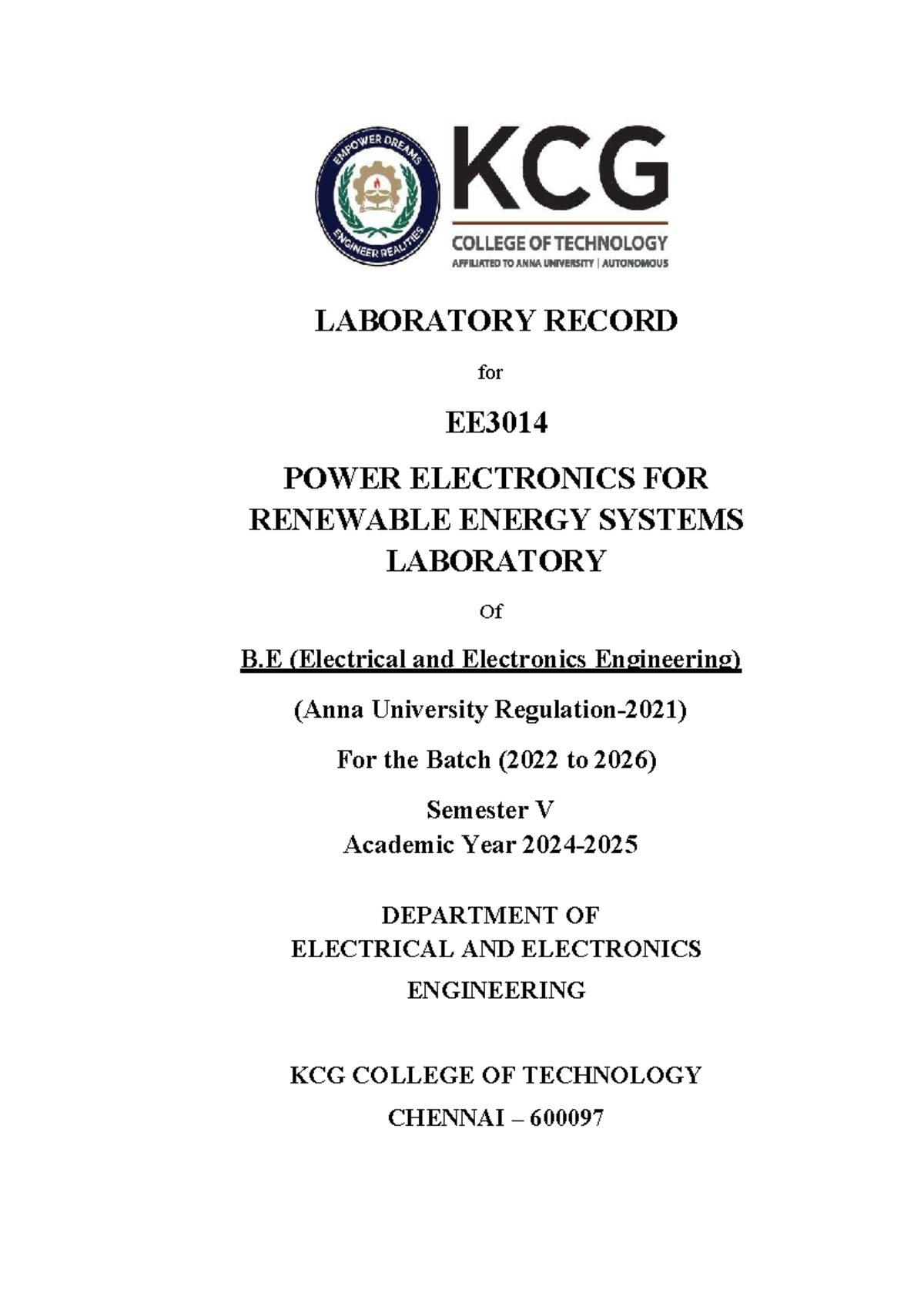 EE3014 Laboratory Record: Power Electronics for Renewable Energy ...