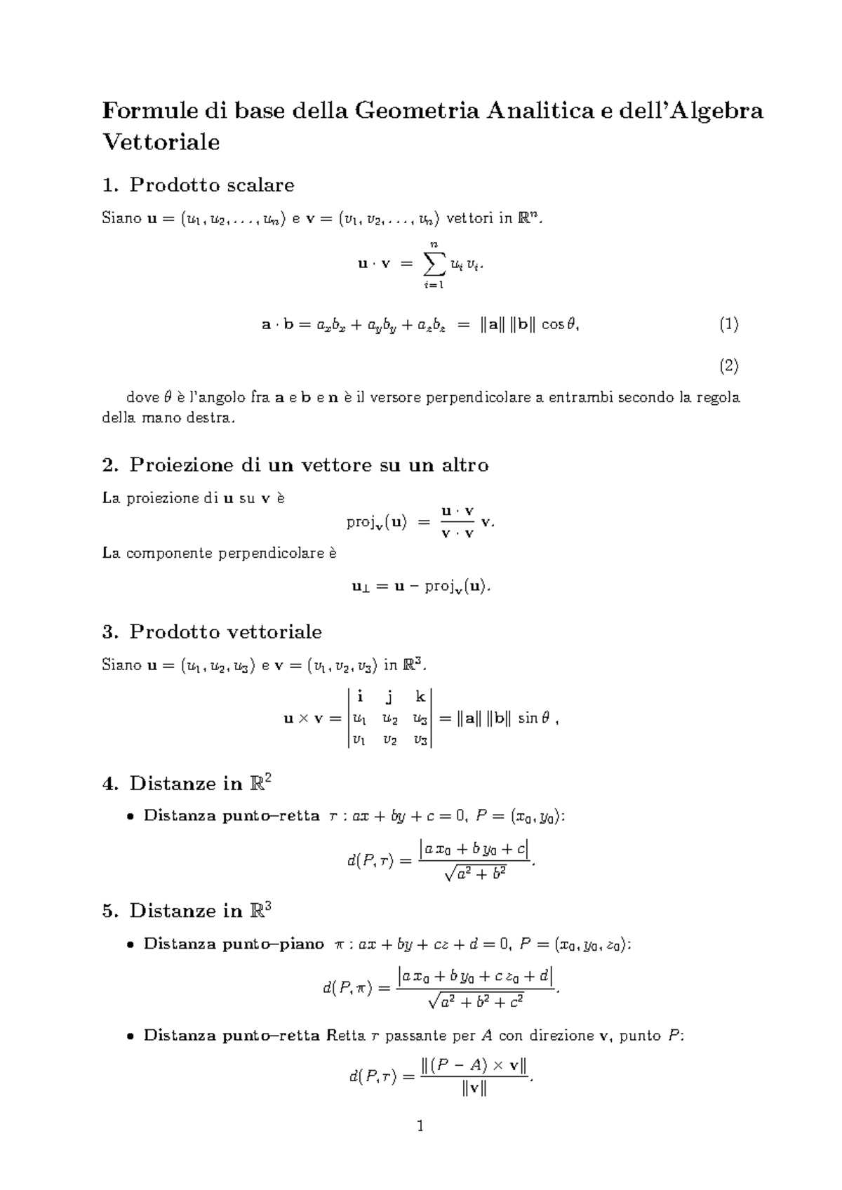 Formule di Base in Geometria Analitica e Vettoriale 1 - Algebra Lineare ...