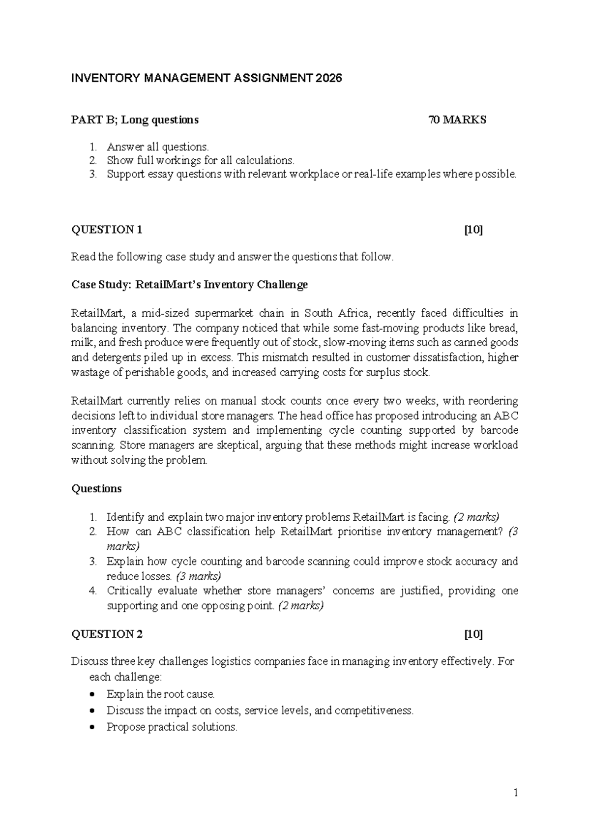 INVENTORY MANAGEMENT ASSIGNMENT 2026 - LONG QUESTIONS & CASE STUDY ...