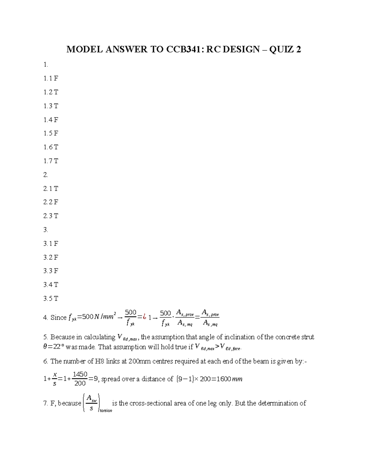 Model Answer TO CCB341 - RC Design - QUIZ 2 - MODEL ANSWER TO CCB341 ...