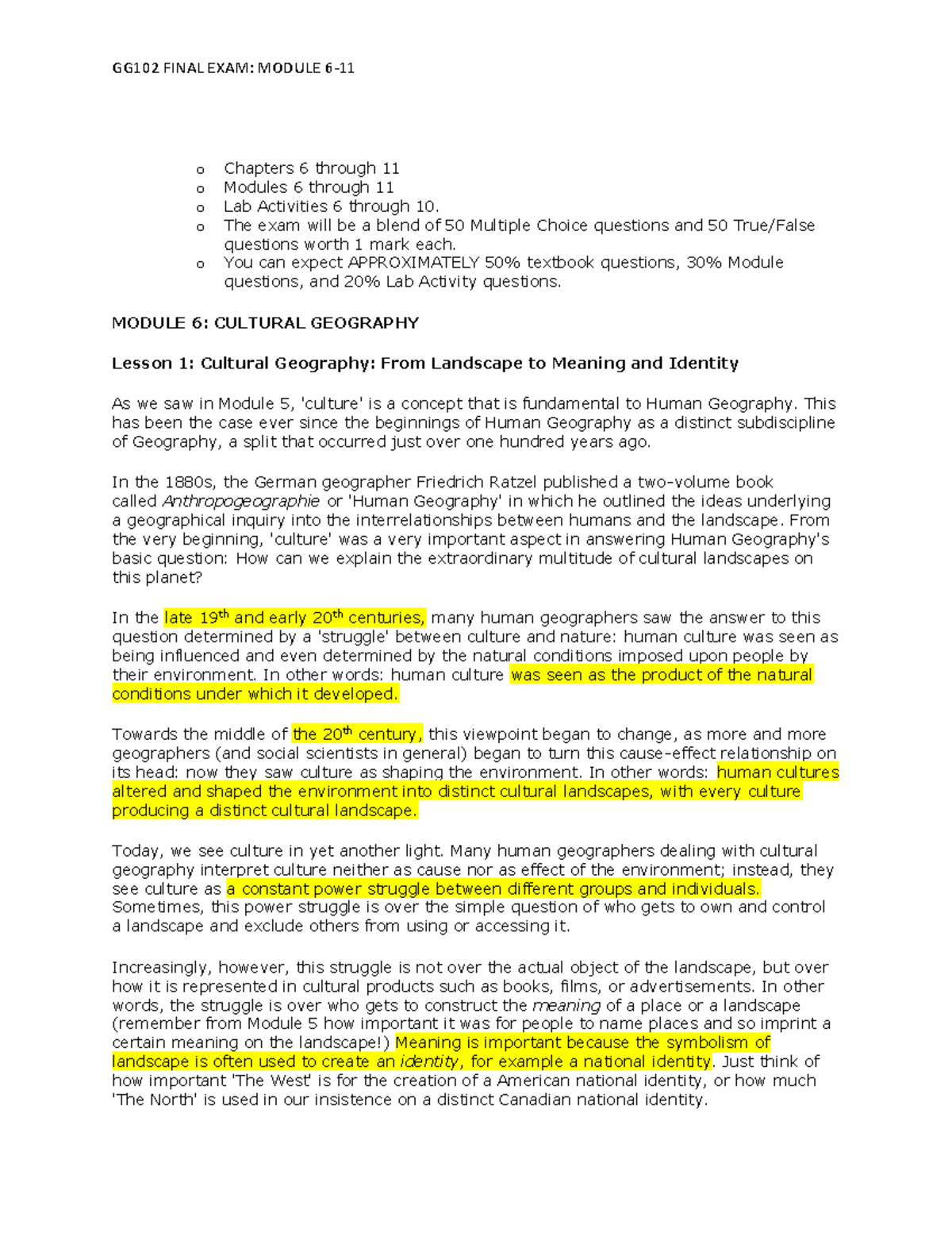 Final Exam Coverage on Modules 6-11: Cultural Geography Insights - Studocu