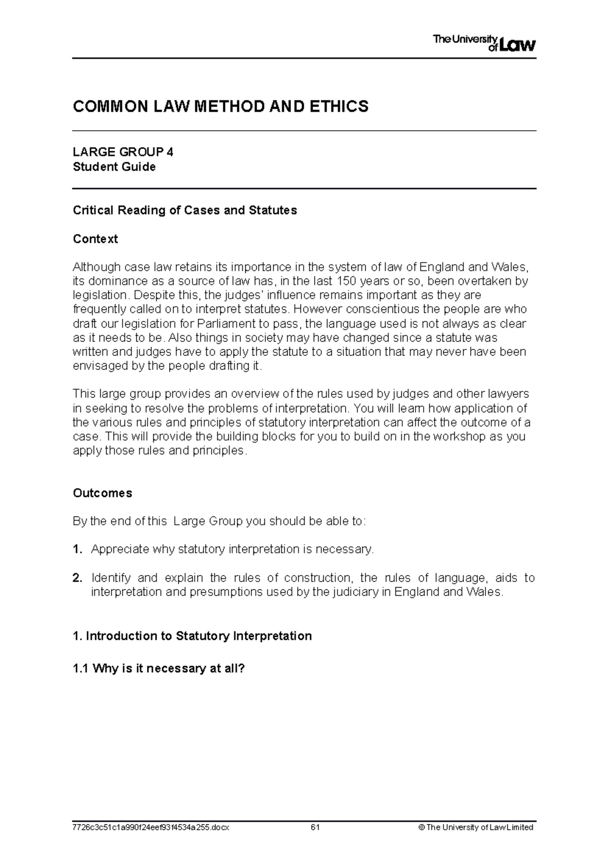 Critical Reading: Common Law Method & Ethics - Large Group 4 Guide ...