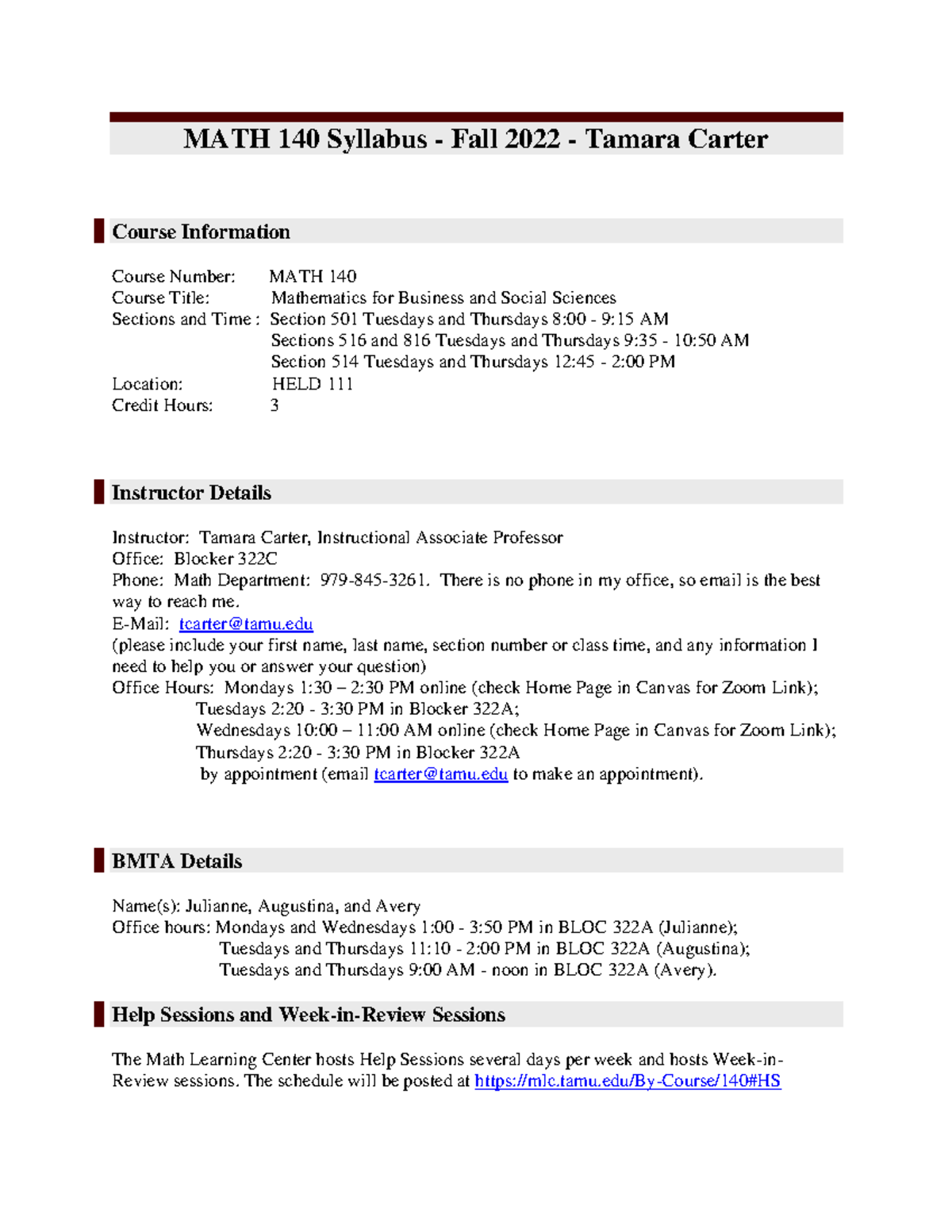 MATH 140 Syllabus - Fall 2022: Mathematics for Business & Social ...