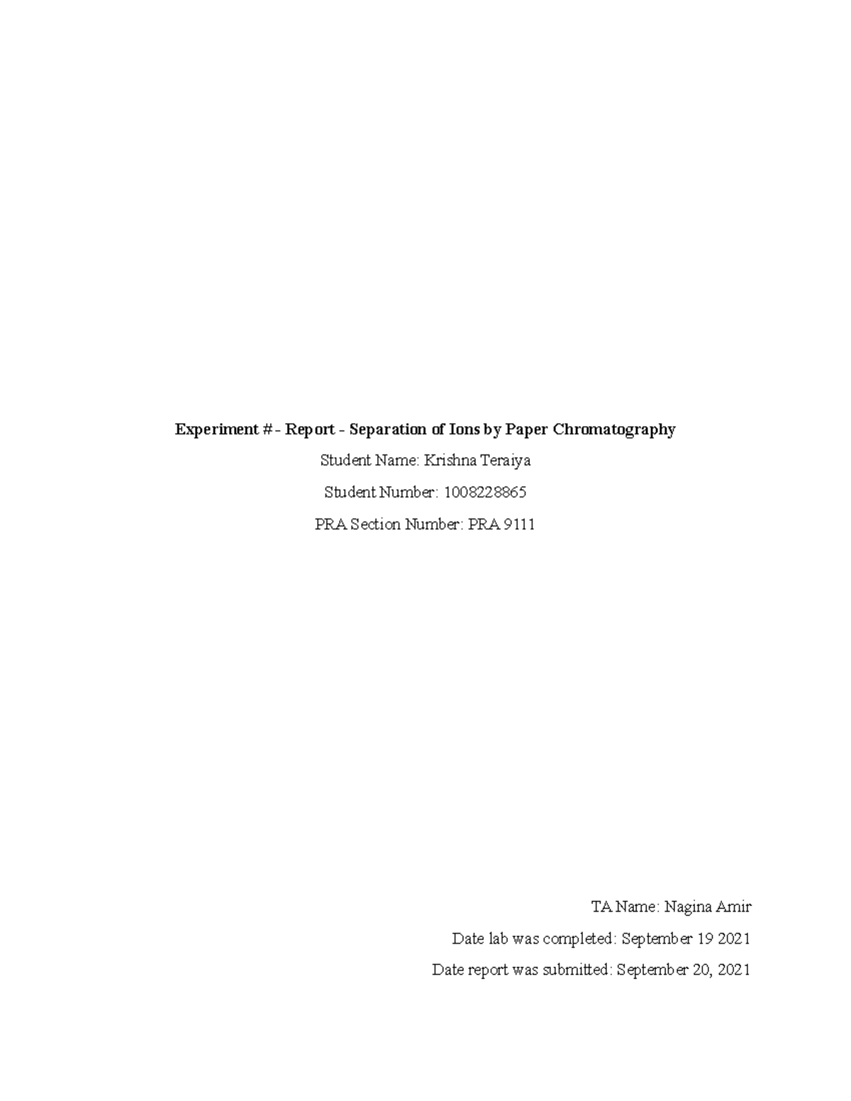 Lab Report - Separation of Ions by Paper Chromatography - Experiment ...